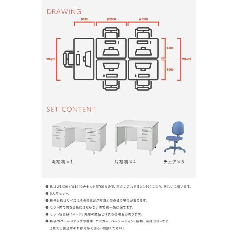 オフィスデスク オフィスチェア 5人用セット中古